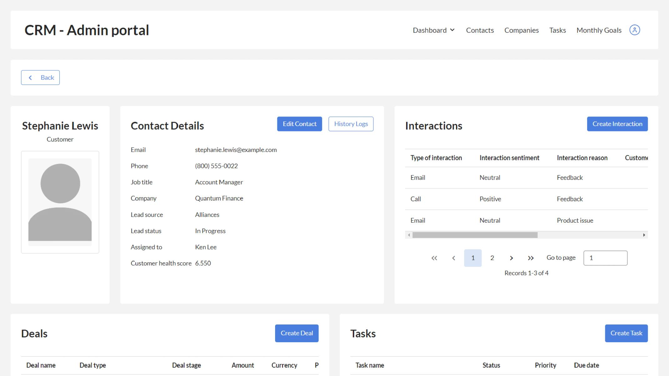 Contact details including recent interactions, deals and tasks.